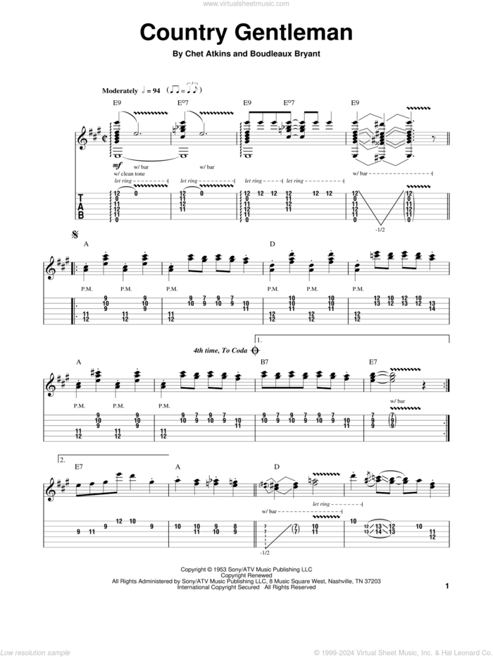 Country Gentleman sheet music for guitar (tablature, play-along) by Chet Atkins, intermediate skill level