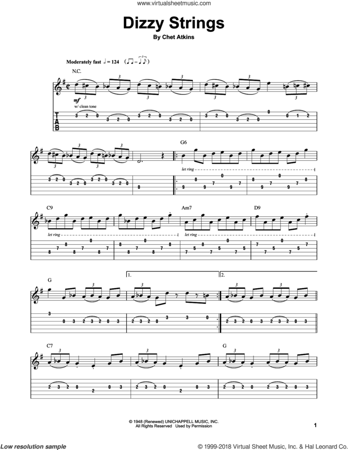 Dizzy Strings sheet music for guitar (tablature, play-along) by Chet Atkins, intermediate skill level
