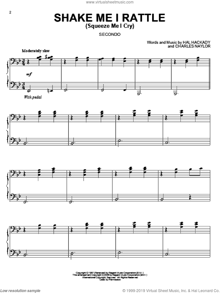 Shake Me I Rattle (Squeeze Me I Cry) sheet music for piano four hands by Marion Worth, Charles Naylor and Hal Clayton Hackady, intermediate skill level
