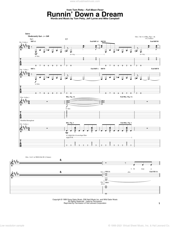 Runnin' Down A Dream sheet music for guitar (tablature) by Tom Petty, Jeff Lynne and Mike Campbell, intermediate skill level
