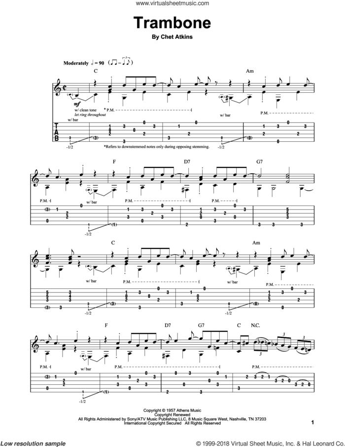 Trambone sheet music for guitar (tablature, play-along) by Chet Atkins, intermediate skill level