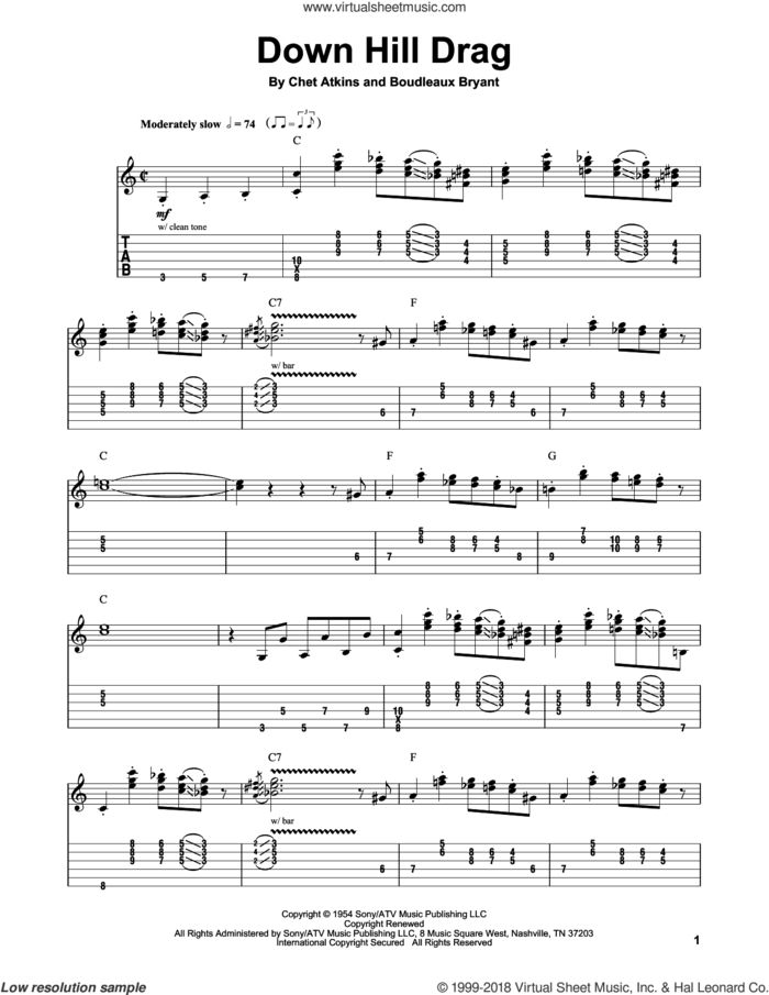 Down Hill Drag sheet music for guitar (tablature, play-along) by Chet Atkins, intermediate skill level