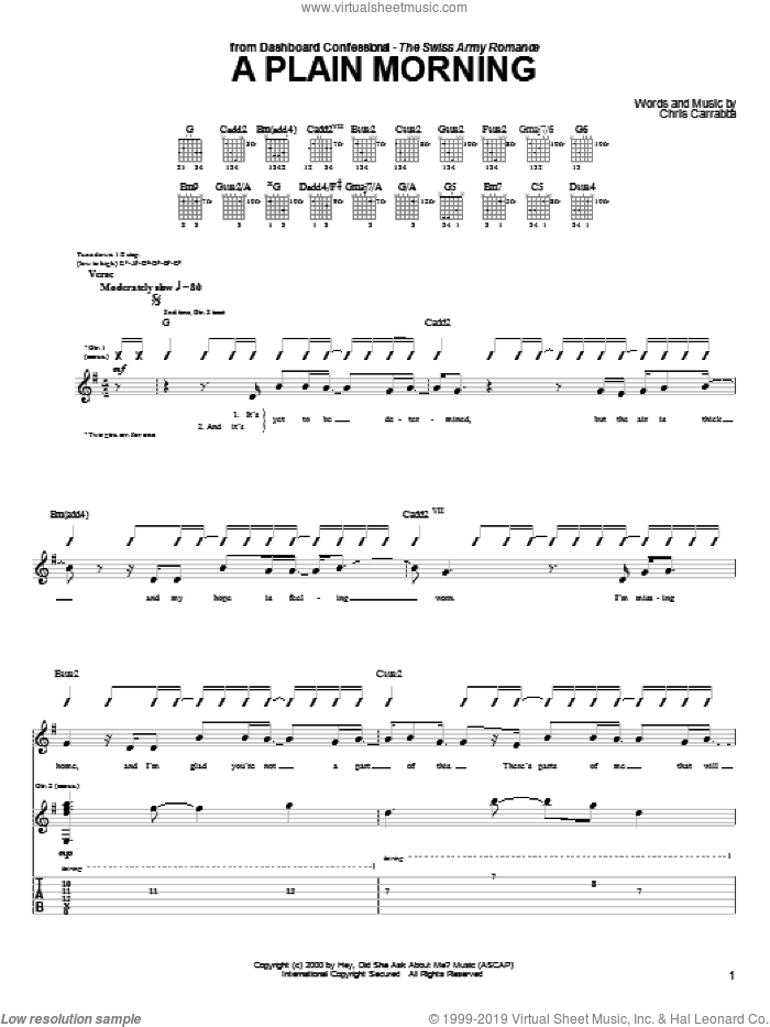 A Plain Morning sheet music for guitar (tablature) by Dashboard Confessional and Chris Carrabba, intermediate skill level