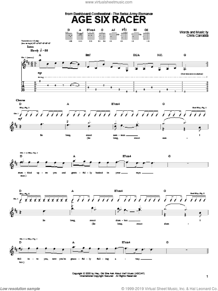 Age Six Racer sheet music for guitar (tablature) by Dashboard Confessional and Chris Carrabba, intermediate skill level