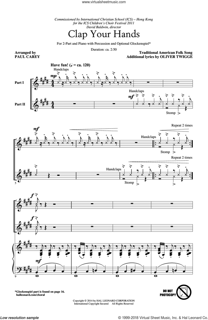 Clap Your Hands sheet music for choir (2-Part) by Paul Carey, intermediate duet