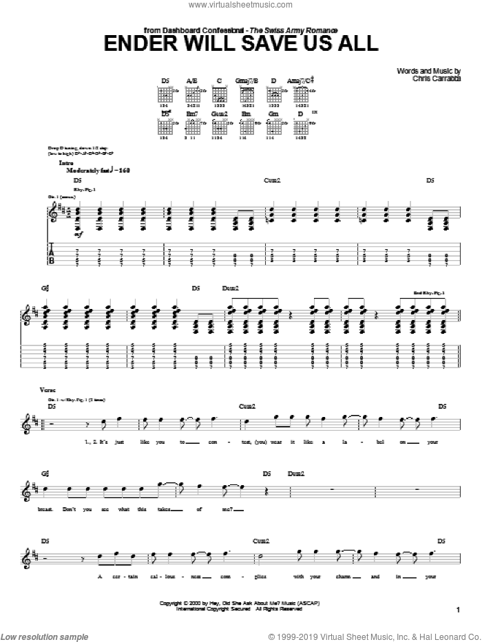 Ender Will Save Us All sheet music for guitar (tablature) by Dashboard Confessional and Chris Carrabba, intermediate skill level