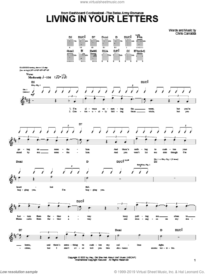 Living In Your Letters sheet music for guitar (tablature) by Dashboard Confessional and Chris Carrabba, intermediate skill level