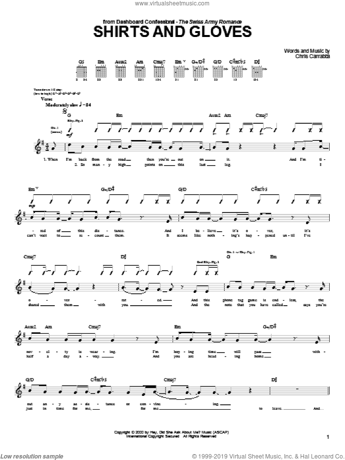 Shirts And Gloves sheet music for guitar (tablature) by Dashboard Confessional and Chris Carrabba, intermediate skill level
