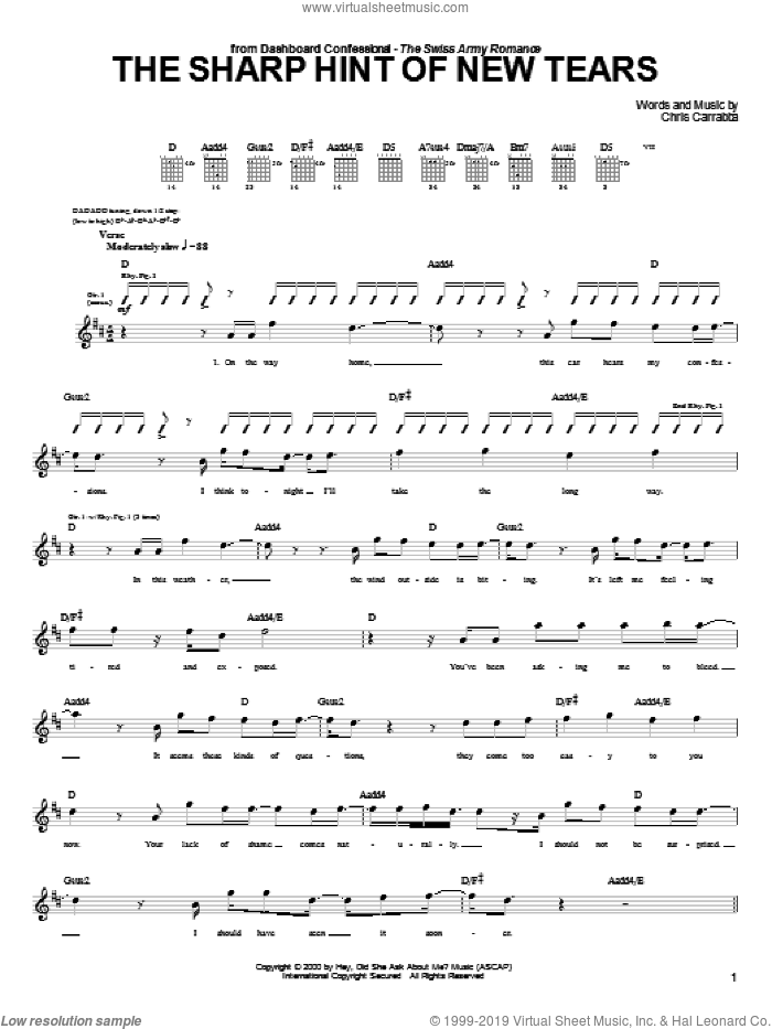 The Sharp Hint Of New Tears sheet music for guitar (tablature) by Dashboard Confessional and Chris Carrabba, intermediate skill level