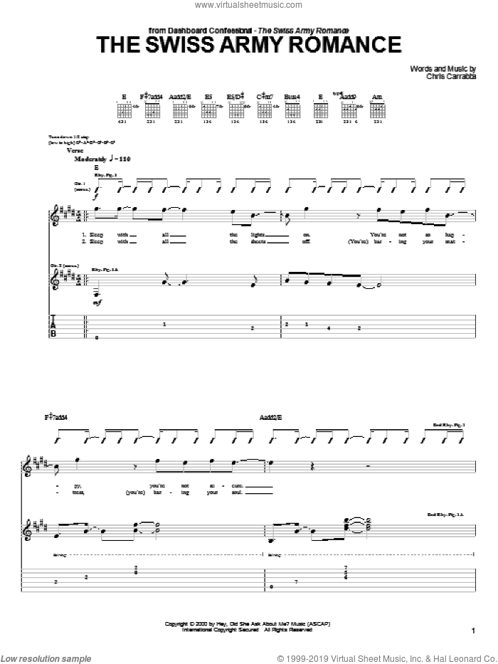 The Swiss Army Romance sheet music for guitar (tablature) by Dashboard Confessional and Chris Carrabba, intermediate skill level