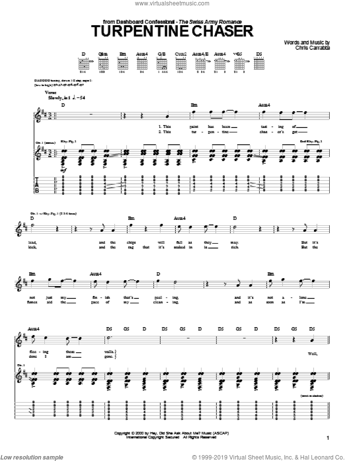Turpentine Chaser sheet music for guitar (tablature) by Dashboard Confessional and Chris Carrabba, intermediate skill level