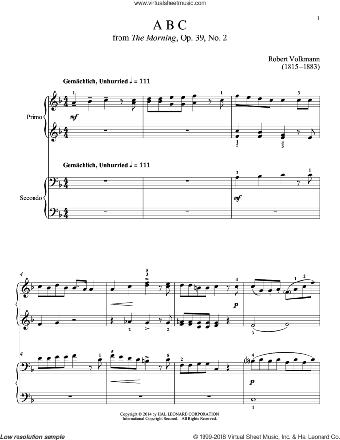 ABC sheet music for piano four hands by Bradley Beckman, Carolyn True and Robert Volkmann, classical score, intermediate skill level