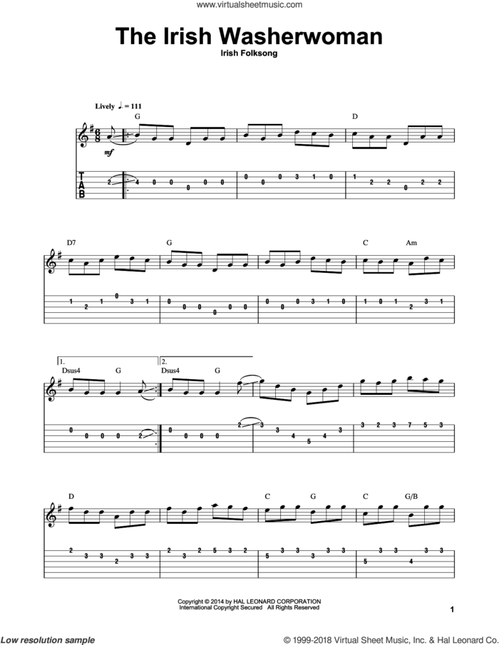 The Irish Washerwoman sheet music for guitar (tablature, play-along), intermediate skill level