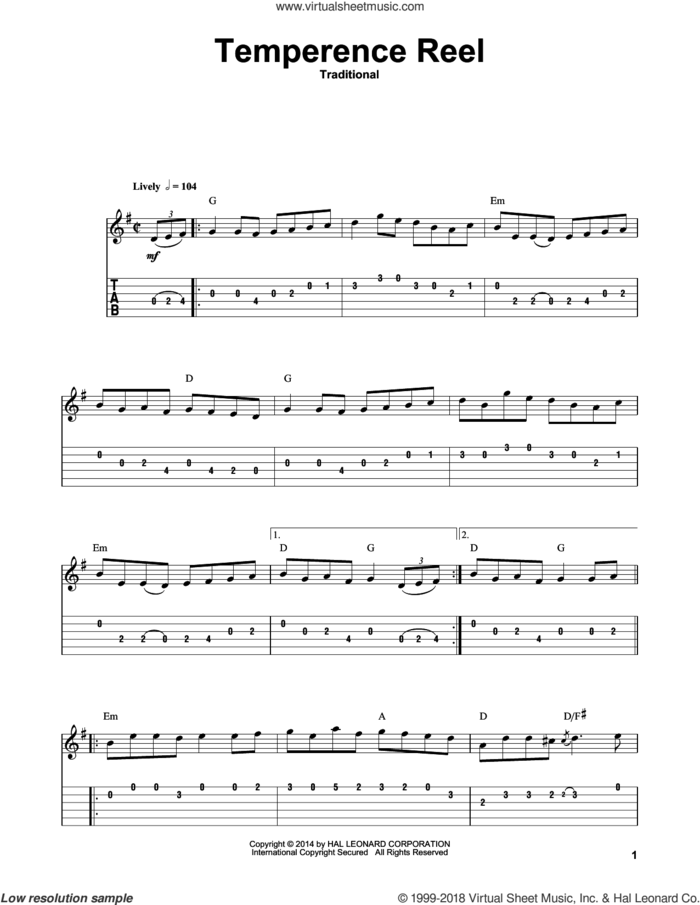 Temperence Reel (Temperance Reel) sheet music for guitar (tablature, play-along), intermediate skill level