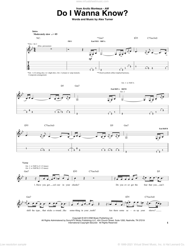 Do I Wanna Know? sheet music for guitar (tablature) by Arctic Monkeys, intermediate skill level