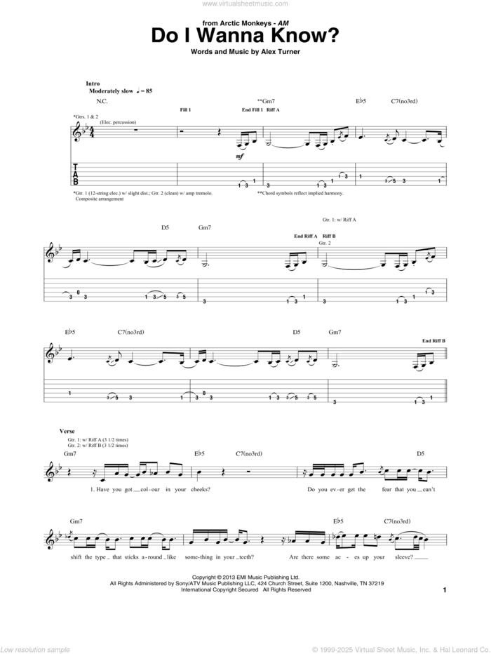 Do I Wanna Know? sheet music for guitar (tablature) by Arctic Monkeys, intermediate skill level