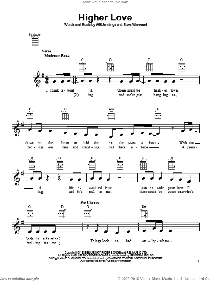 Higher Love sheet music for ukulele by Steve Winwood, intermediate skill level