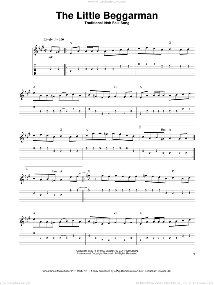 The Little Beggarman sheet music for guitar (tablature, play-along), intermediate skill level