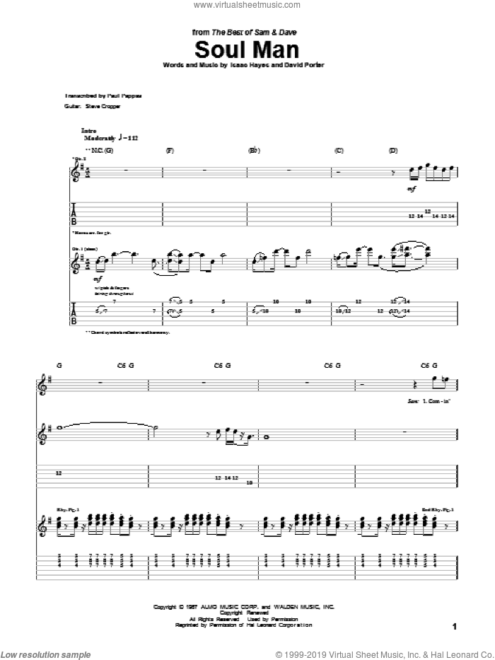 Soul Man sheet music for guitar (tablature) by Sam & Dave, Blues Brothers, David Porter and Isaac Hayes, intermediate skill level