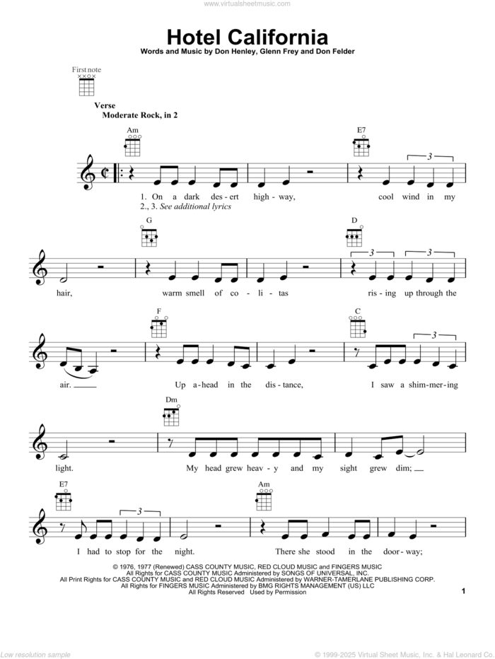 Hotel California (from The Daily Ukulele) sheet music for ukulele by The Eagles, intermediate skill level