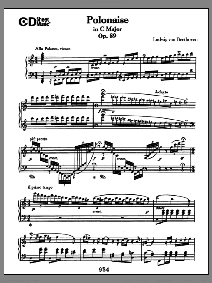 Polonaise In C Major, Op. 89 sheet music for piano solo by Ludwig van Beethoven, classical score, intermediate skill level