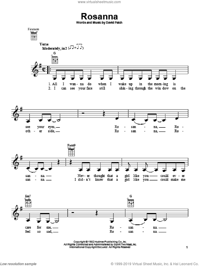 Rosanna sheet music for ukulele by Toto, intermediate skill level