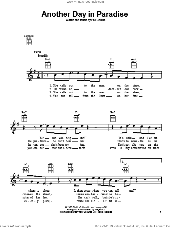 Another Day In Paradise sheet music for ukulele by Phil Collins, intermediate skill level