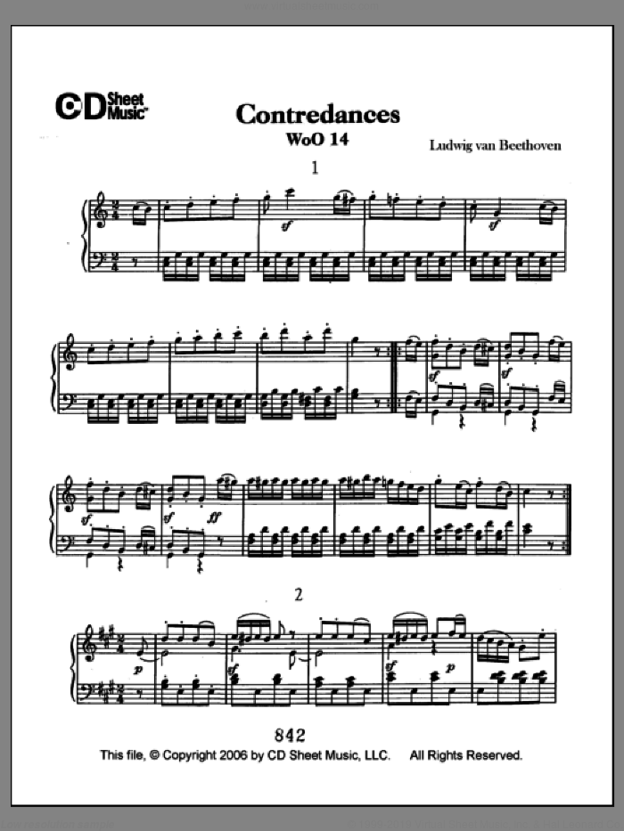 Contradances, Woo 14 sheet music for piano solo by Ludwig van Beethoven, classical score, intermediate skill level