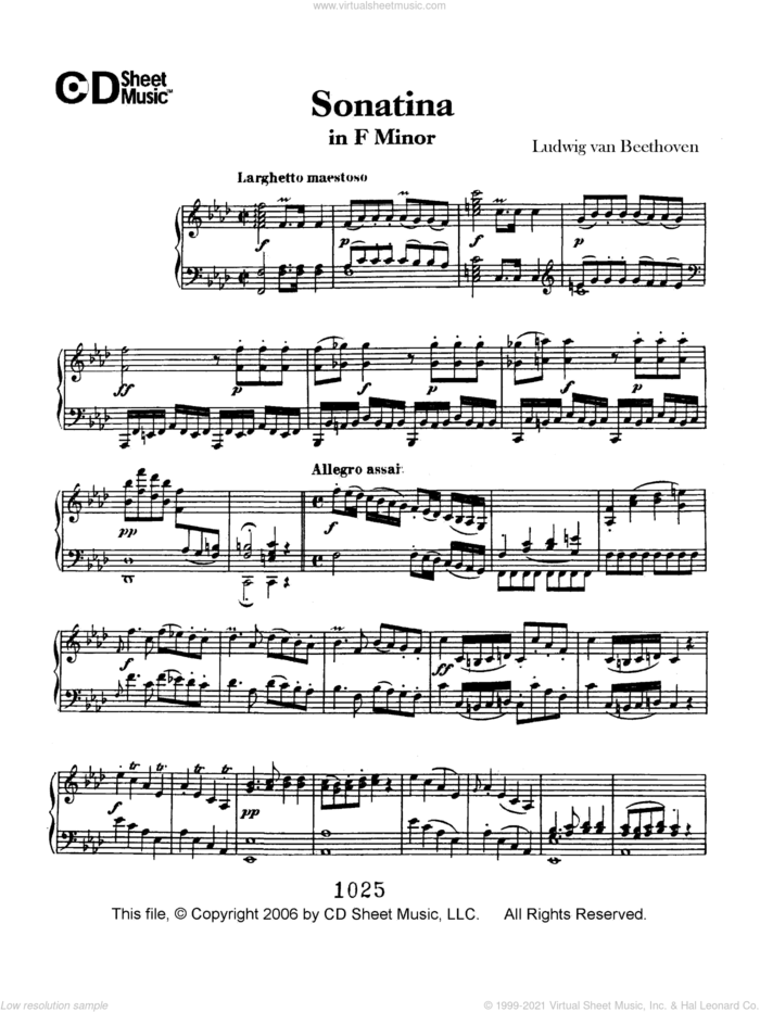 Sonatina in  F Minor sheet music for piano solo by Ludwig van Beethoven, classical score, intermediate skill level