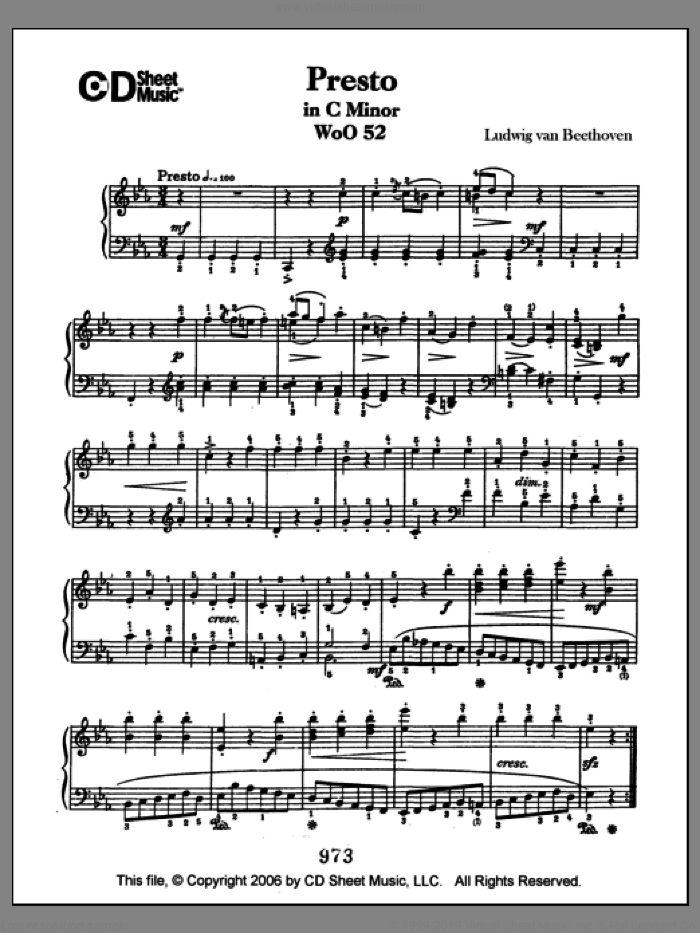 Presto In C Minor, Woo 52 sheet music for piano solo by Ludwig van Beethoven, classical score, intermediate skill level