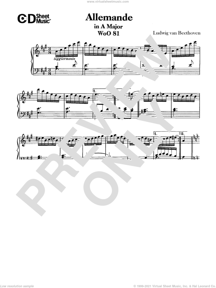 Allemande In A Major, Woo 81 sheet music for piano solo by Ludwig van Beethoven, classical score, intermediate skill level