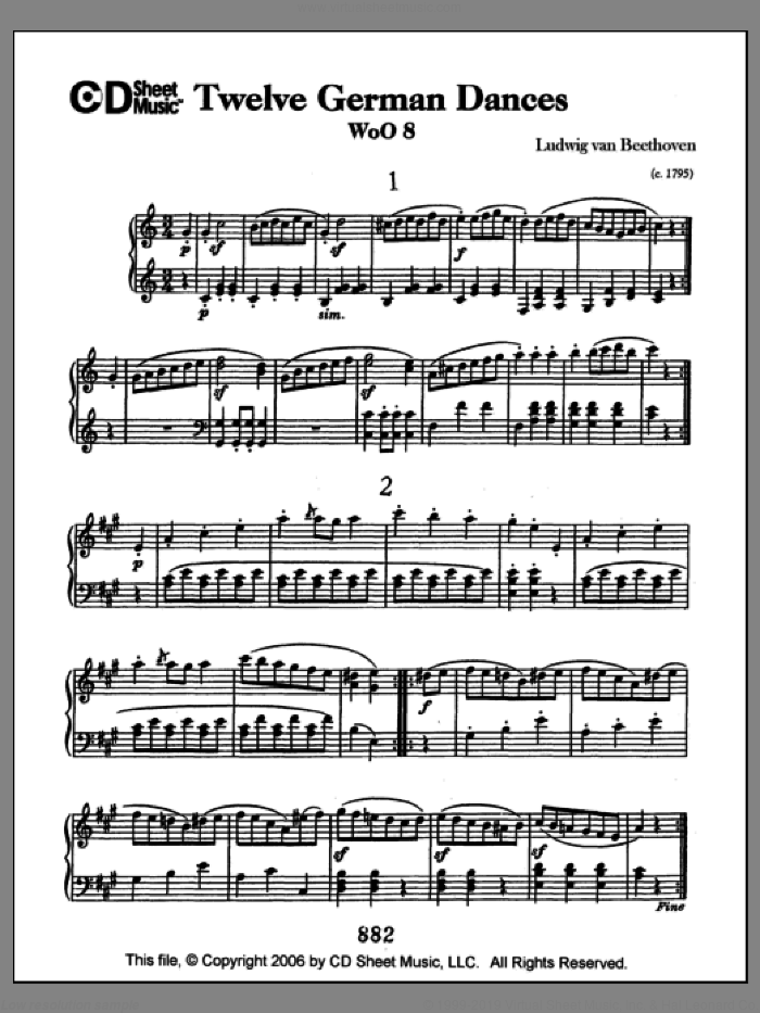 German Dances (12), Woo 8 sheet music for piano solo by Ludwig van Beethoven, classical score, intermediate skill level