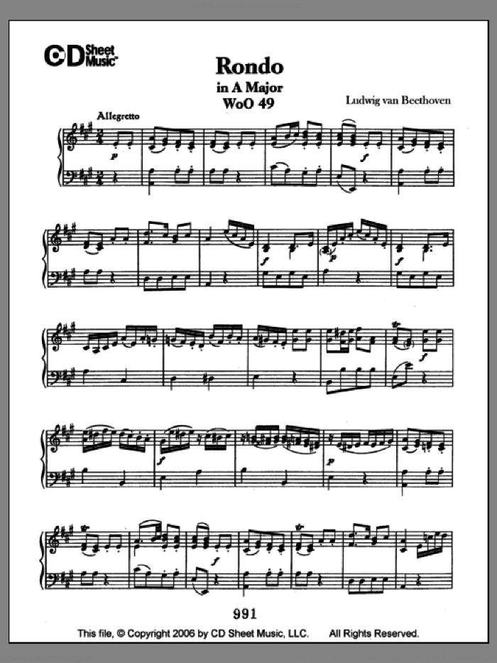 Rondo In A Major, Woo 49 sheet music for piano solo by Ludwig van Beethoven, classical score, intermediate skill level