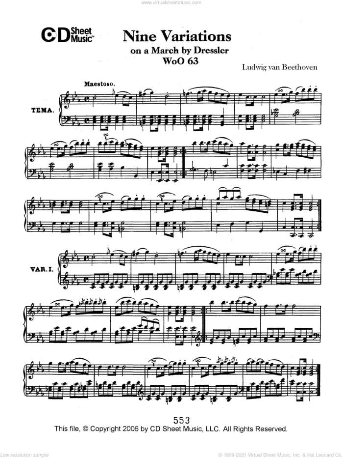 Variations (9) On A March By Dressler, Woo 63 sheet music for piano solo by Ludwig van Beethoven, classical score, intermediate skill level