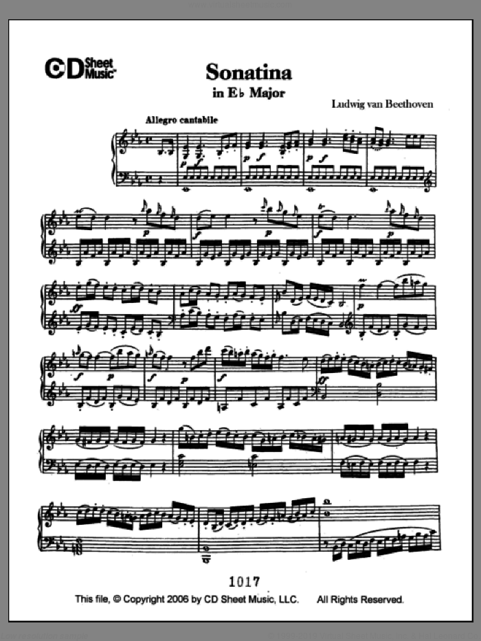 Sonatina In E-flat Major sheet music for piano solo by Ludwig van Beethoven, classical score, intermediate skill level
