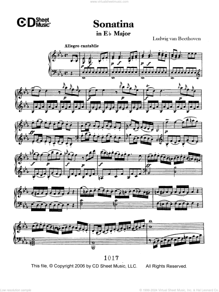 Sonatina In E-flat Major sheet music for piano solo by Ludwig van Beethoven, classical score, intermediate skill level