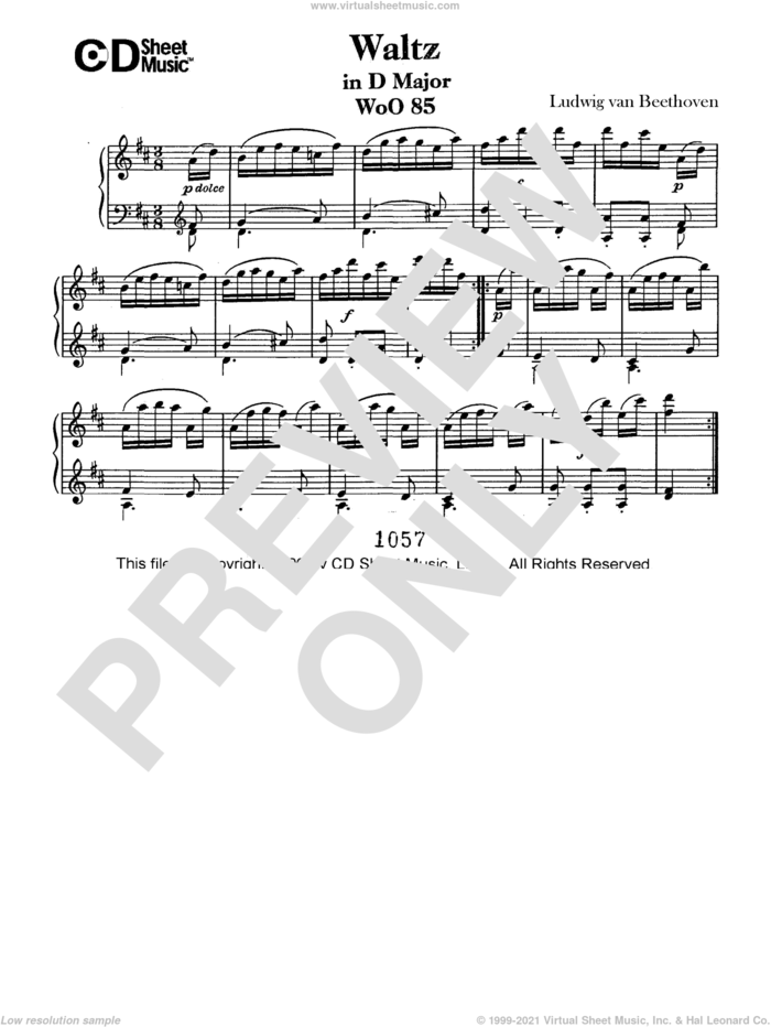 Waltz In D Major, Woo 85 sheet music for piano solo by Ludwig van Beethoven, classical score, intermediate skill level