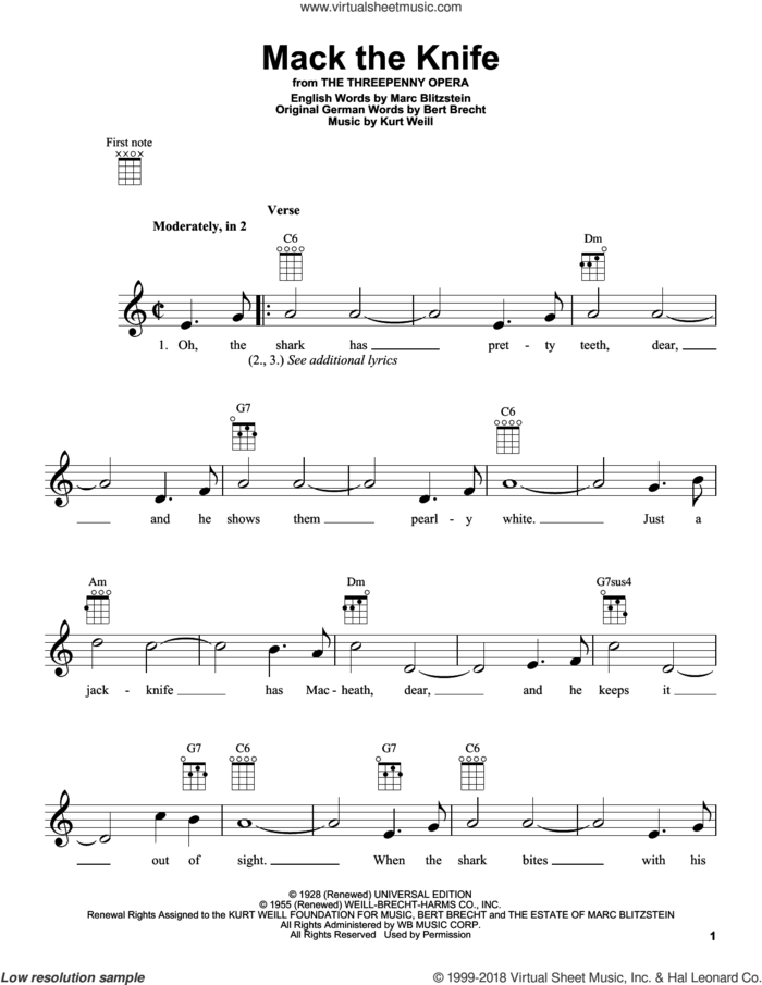 Mack The Knife sheet music for ukulele by Bobby Darin, intermediate skill level