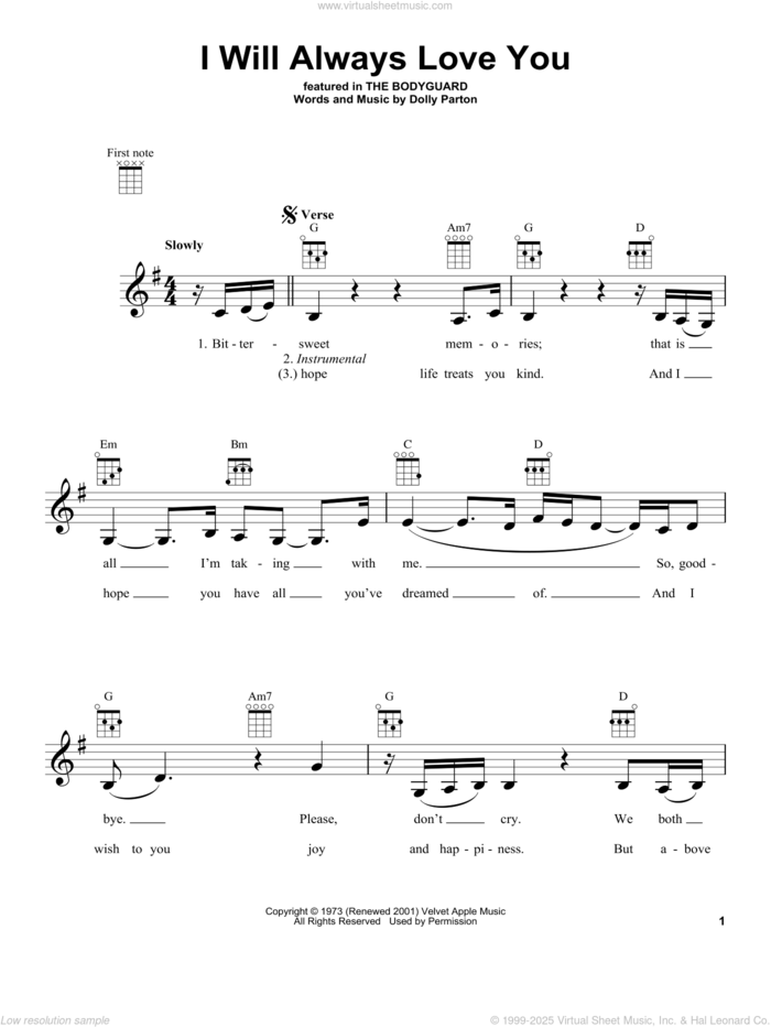 I Will Always Love You sheet music for ukulele by Whitney Houston and Dolly Parton, wedding score, intermediate skill level