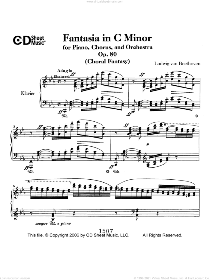 Fantasia In C Minor For Piano, Chorus, And Orchestra (choral Fantasy), Op. 80 sheet music for piano solo by Ludwig van Beethoven, classical score, intermediate skill level