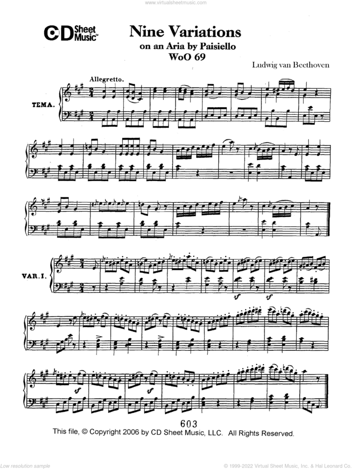 Variations (9) On An Aria By Paisiello, Woo 69 sheet music for piano solo by Ludwig van Beethoven, classical score, intermediate skill level