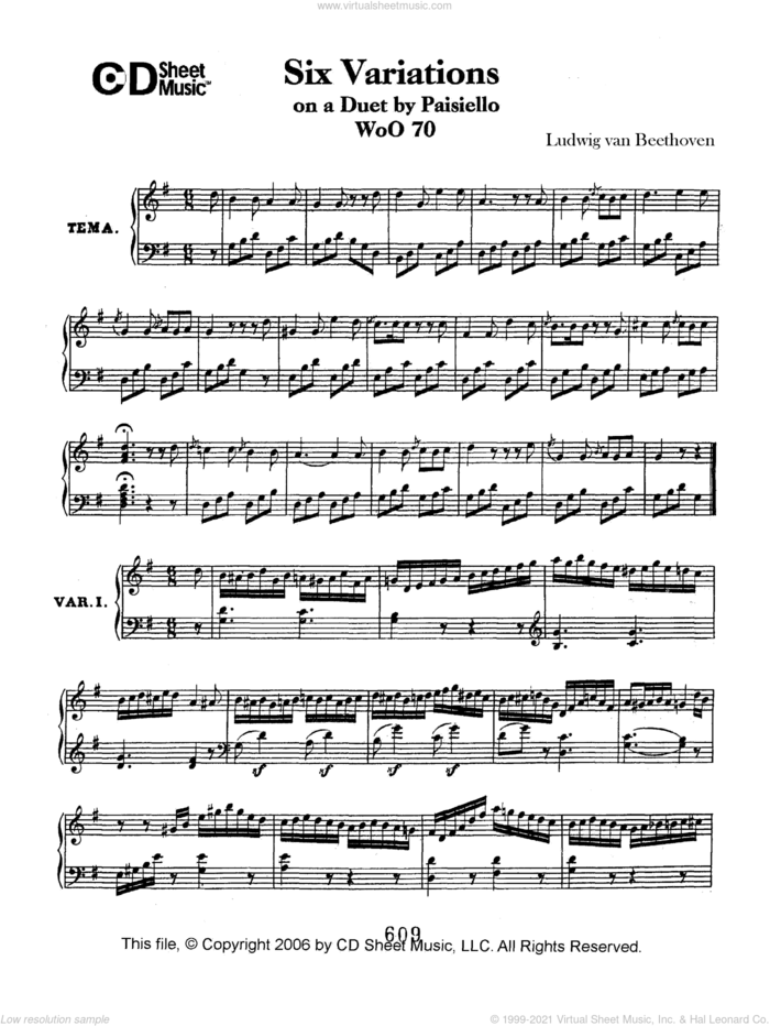 Variations (6) On A Duet By Paisiello, Woo 70 sheet music for piano solo by Ludwig van Beethoven, classical score, intermediate skill level