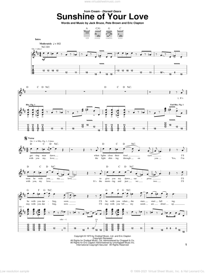 Sunshine Of Your Love sheet music for guitar (tablature) by Cream, Eric Clapton, Jack Bruce and Pete Brown, intermediate skill level