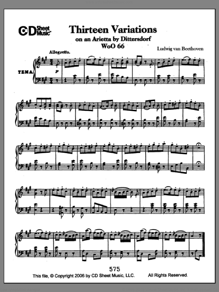 Variations (13) On An Arietta By Dittersdorf, Woo 66 sheet music for piano solo by Ludwig van Beethoven, classical score, intermediate skill level
