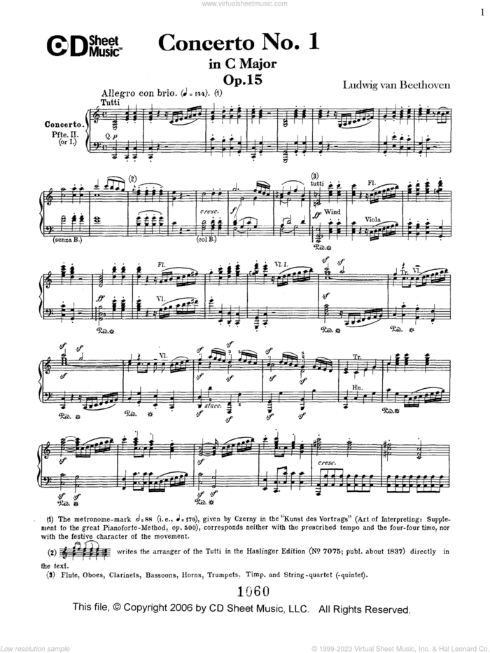 Concerto No. 1  in C Major, Op. 15 sheet music for piano solo by Ludwig van Beethoven, classical score, intermediate skill level
