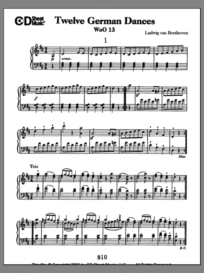 German Dances (12), Woo 13 sheet music for piano solo by Ludwig van Beethoven, classical score, intermediate skill level