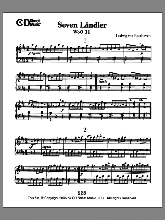Landler (7), Woo 11 sheet music for piano solo by Ludwig van Beethoven, classical score, intermediate skill level