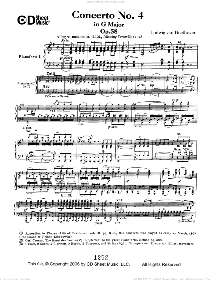 Concerto No. 4 In G Major, Op. 58 sheet music for piano solo by Ludwig van Beethoven, classical score, intermediate skill level