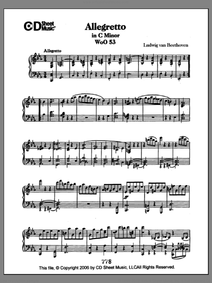 Allegretto In C Minor, Woo 53 sheet music for piano solo by Ludwig van Beethoven, classical score, intermediate skill level