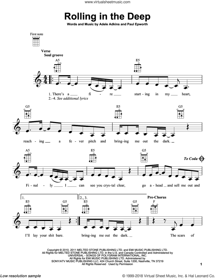 Rolling In The Deep sheet music for ukulele by Adele, intermediate skill level